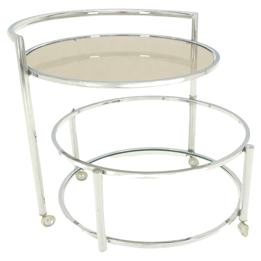 EstablishedLines Round Chrome & Smoked Glass Expandable Serving Tea Bar Cart Shepherd Castors