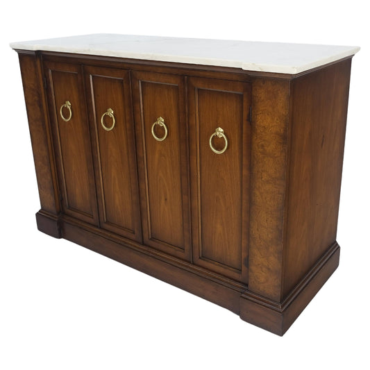 Marble Top Round Brass Ring Drop Pulls Hardware Burl Wood Double Door Credenza