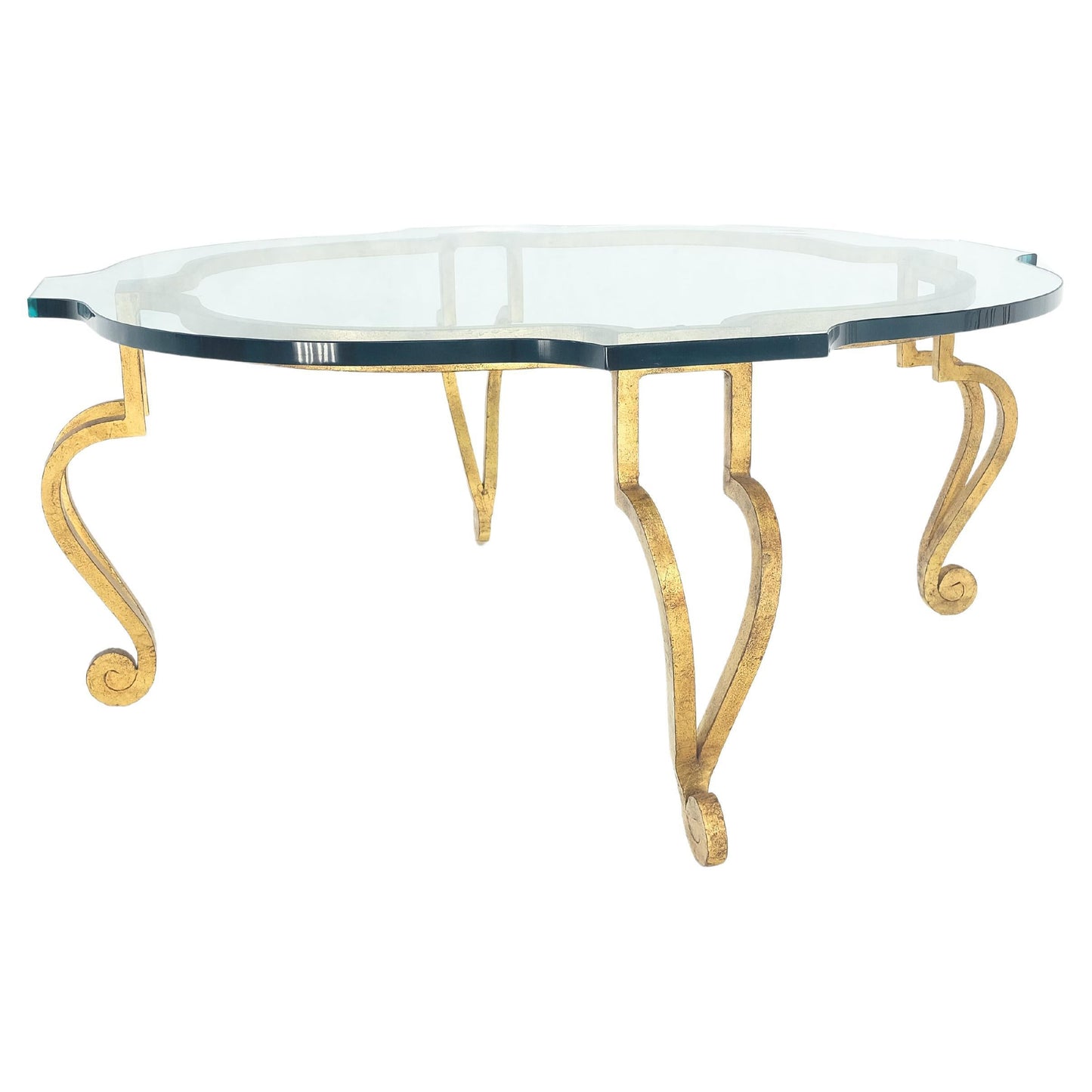 EstablishedLines Forged Metal Gilt Wrought Iron Scroll Leg Base 3/4" Glass Top Round Coffee Table