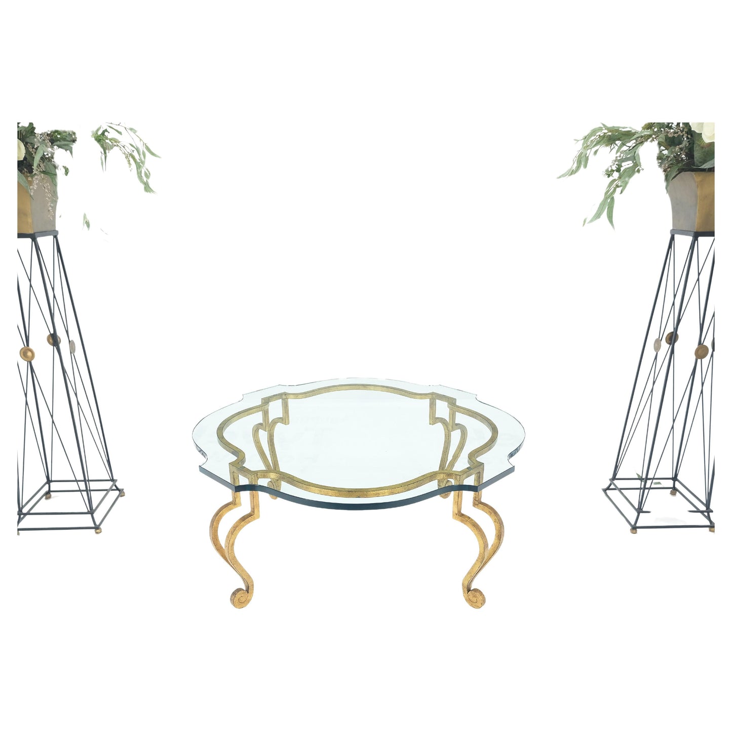 EstablishedLines Forged Metal Gilt Wrought Iron Scroll Leg Base 3/4" Glass Top Round Coffee Table