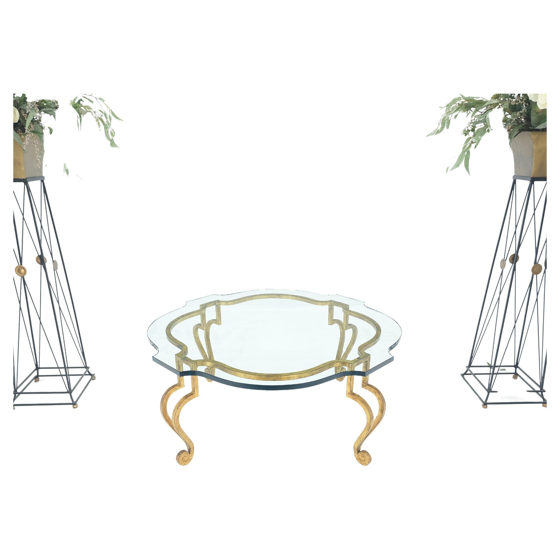 EstablishedLines Forged Metal Gilt Wrought Iron Scroll Leg Base 3/4" Glass Top Round Coffee Table