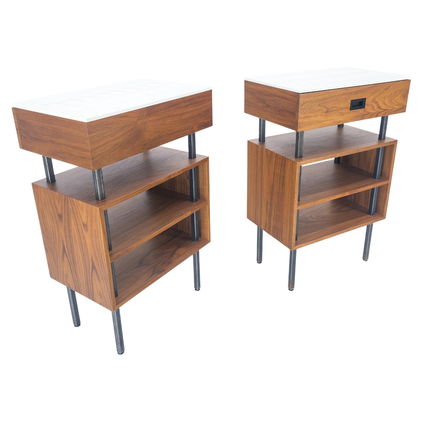 EstablishedLines Pair of Oiled Walnut 1 Drawer 3 Tier Side End Tables Stands Composite Top Mint!