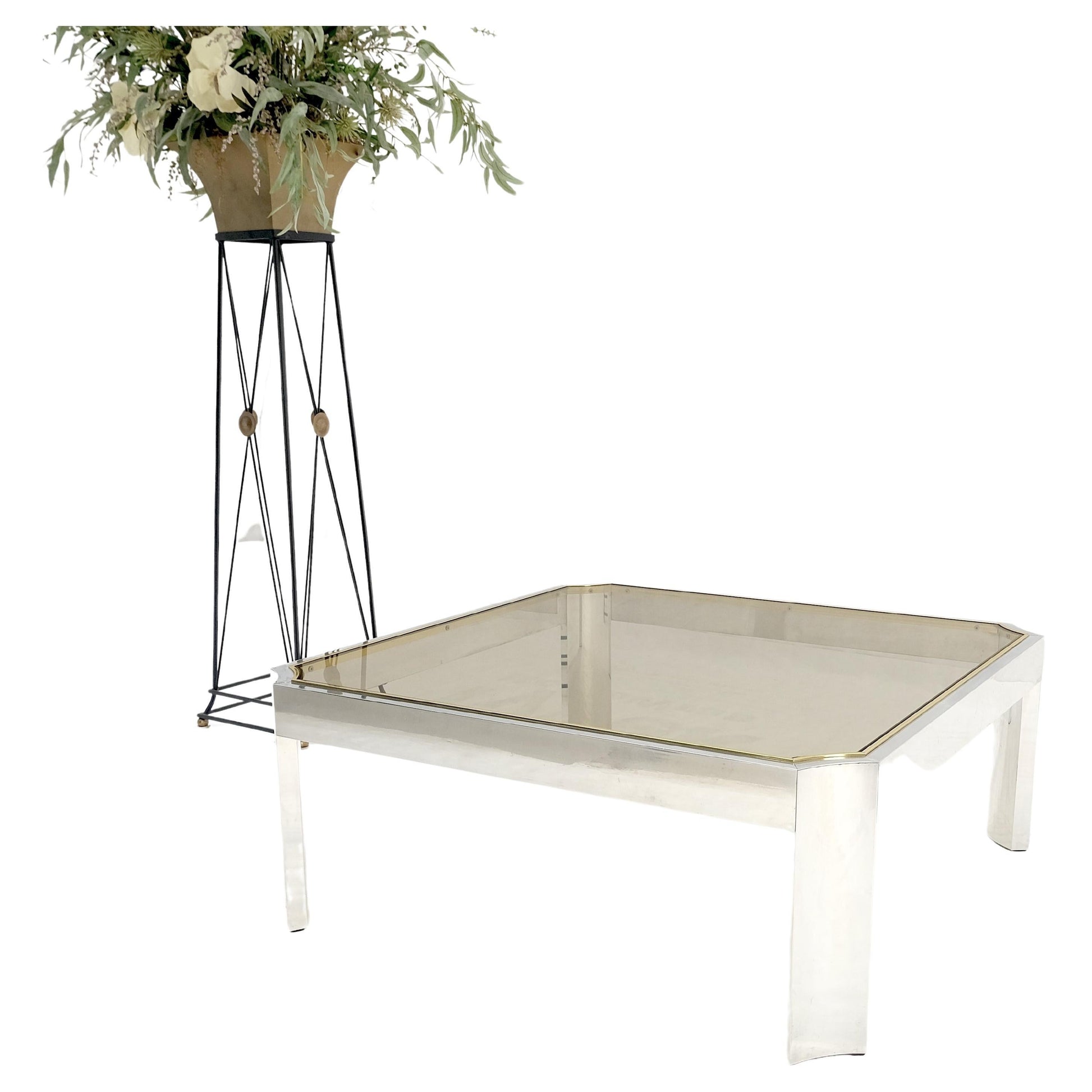 EstablishedLines Polished Aluminum Brass Basel Smoked Glass Top 37" Square Coffee Table MINT!