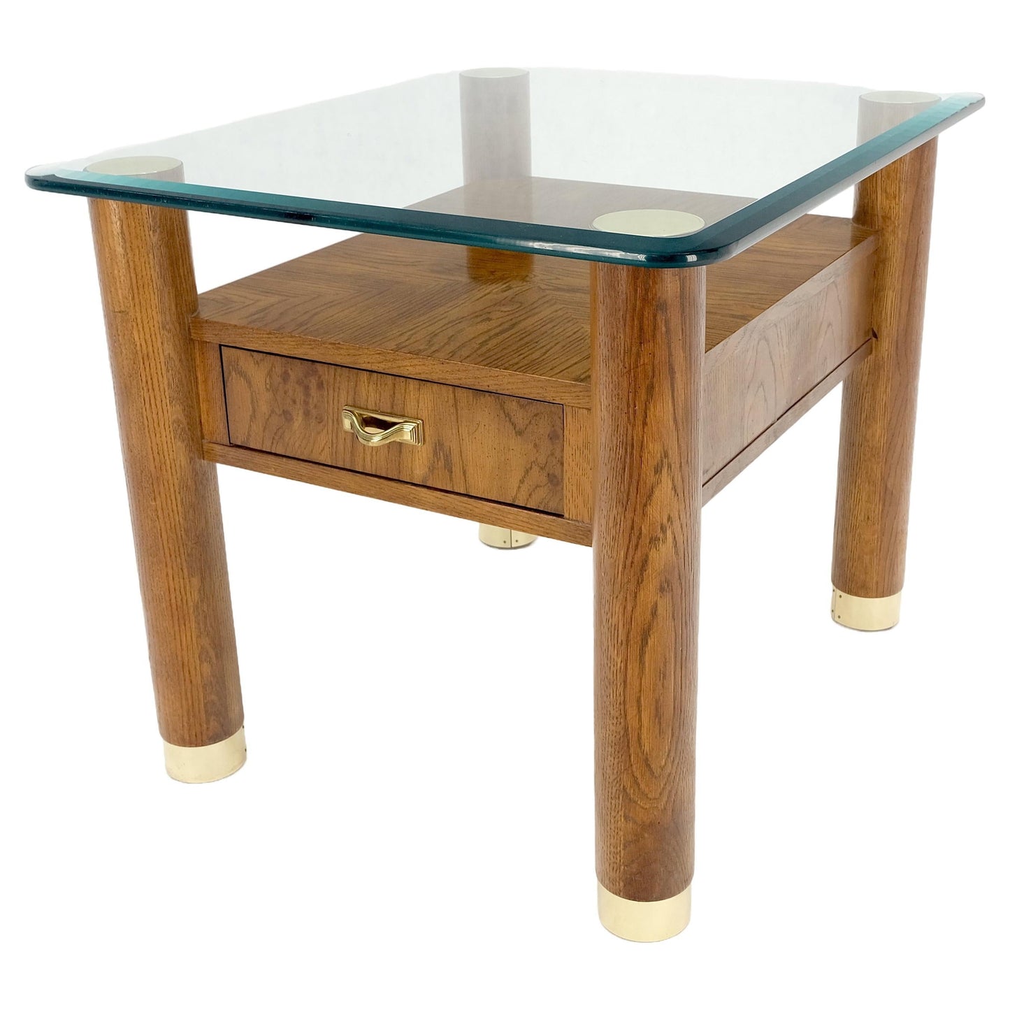 EstablishedLines Heavy Solid Oak Cylinder Legs Brass Tips Hardware One Drawer Glass Top End Table