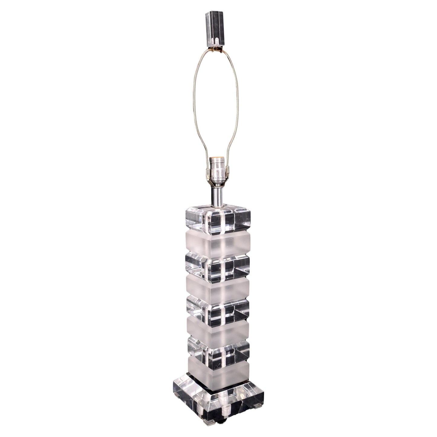 EstablishedLines Mid Century Modern c1970s Clear & Frosted Stacked Lucite Blocks Base Table Lamp