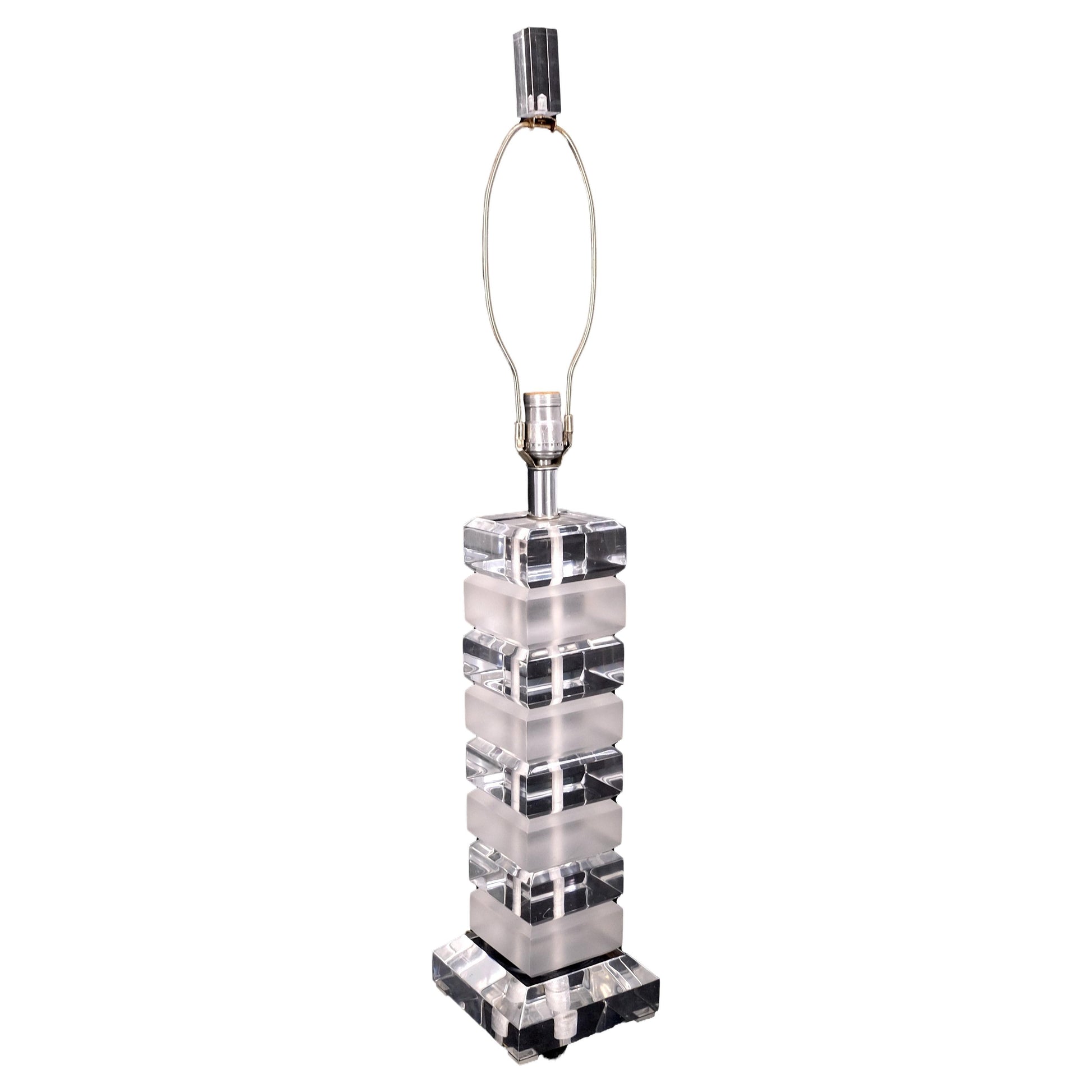 EstablishedLines Mid Century Modern c1970s Clear & Frosted Stacked Lucite Blocks Base Table Lamp