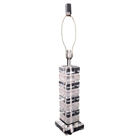 EstablishedLines Mid Century Modern c1970s Clear & Frosted Stacked Lucite Blocks Base Table Lamp