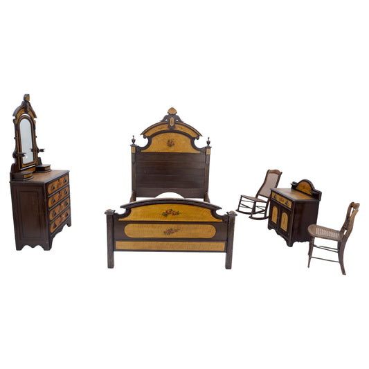 Victorian Painted Bedroom Dresser Mirror King Bed Headboard Rocking Chair Set