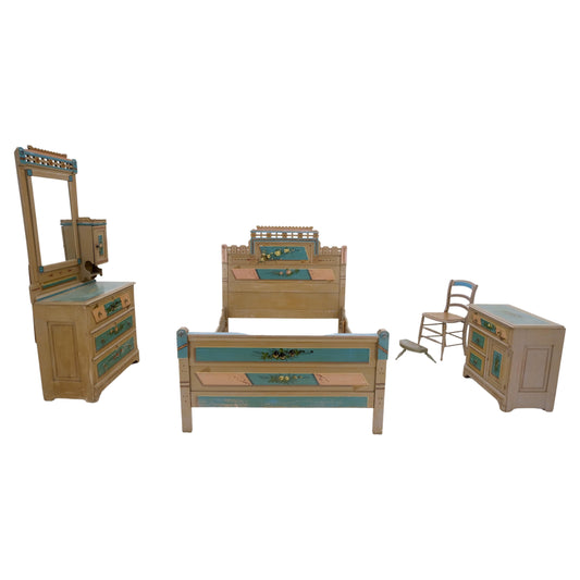Victorian Hand Painted Dresser Mirror King Bed Headboard Chair Footstool Drawers