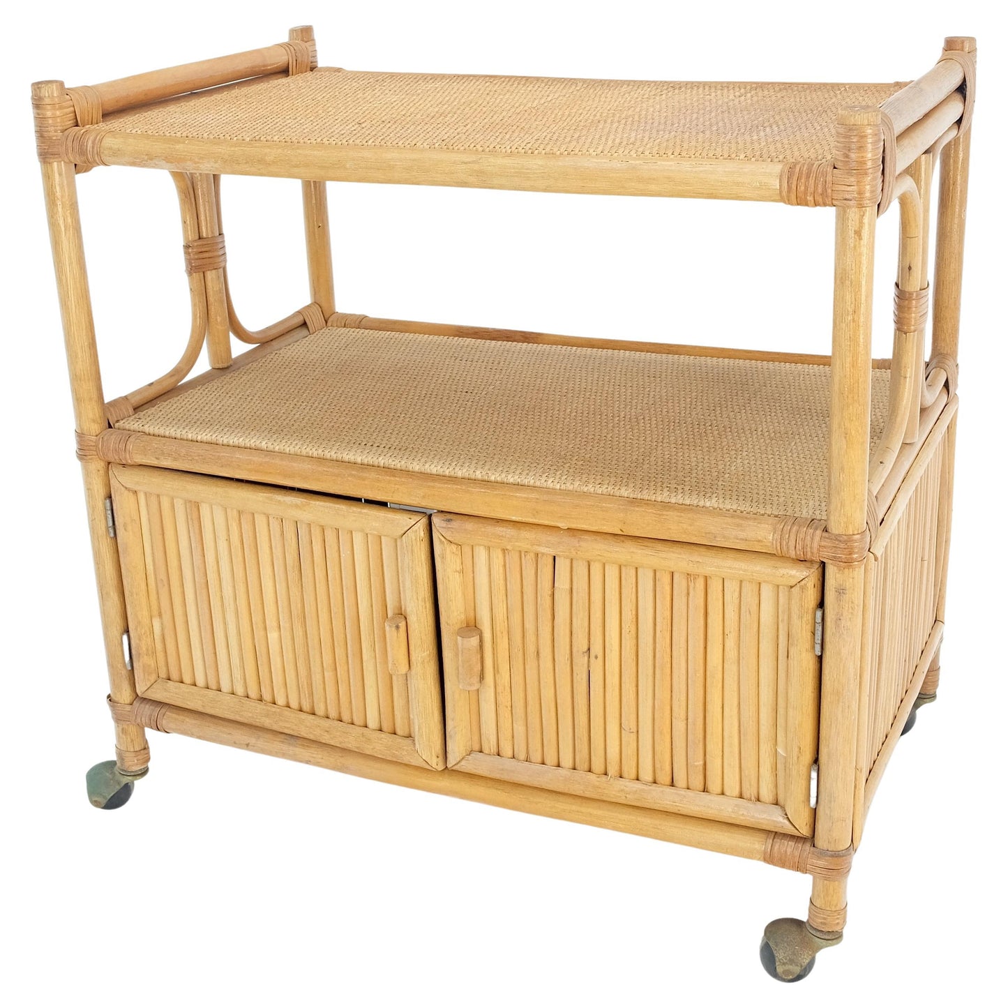 EstablishedLines Rattan Cane Bamboo Mid Century Modern Two Doors Compartment Rolling Bar Cart