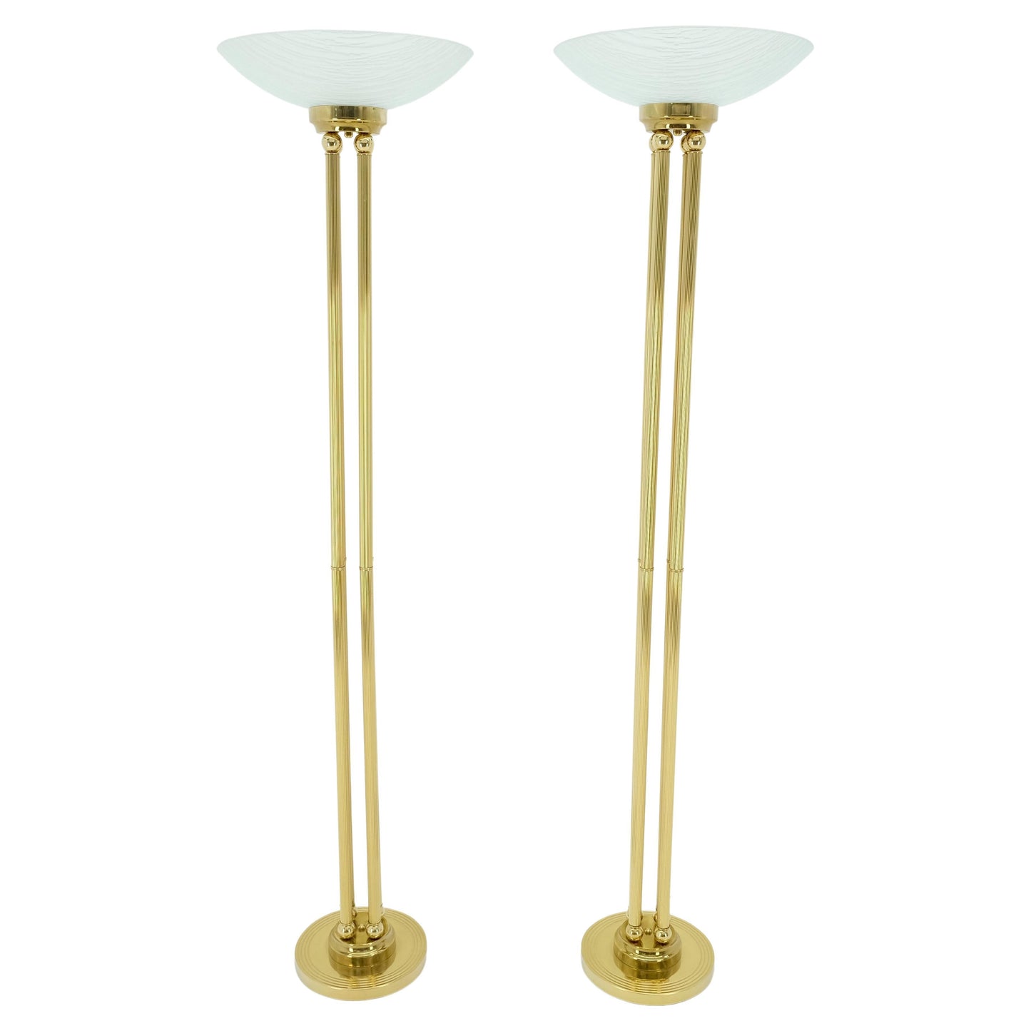 EstablishedLines Pair of Mid Century Modern Brass Etched Glass Shades Torcheres Floor Lamps MINT!