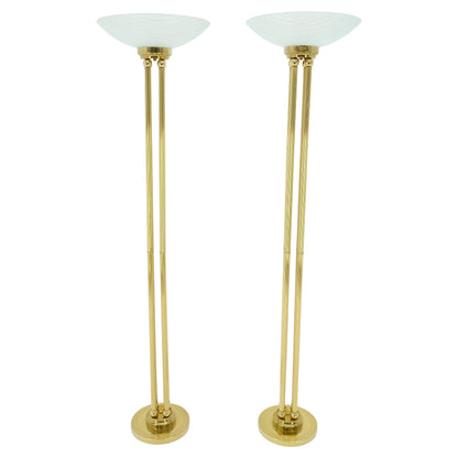EstablishedLines Pair of Mid Century Modern Brass Etched Glass Shades Torcheres Floor Lamps MINT!