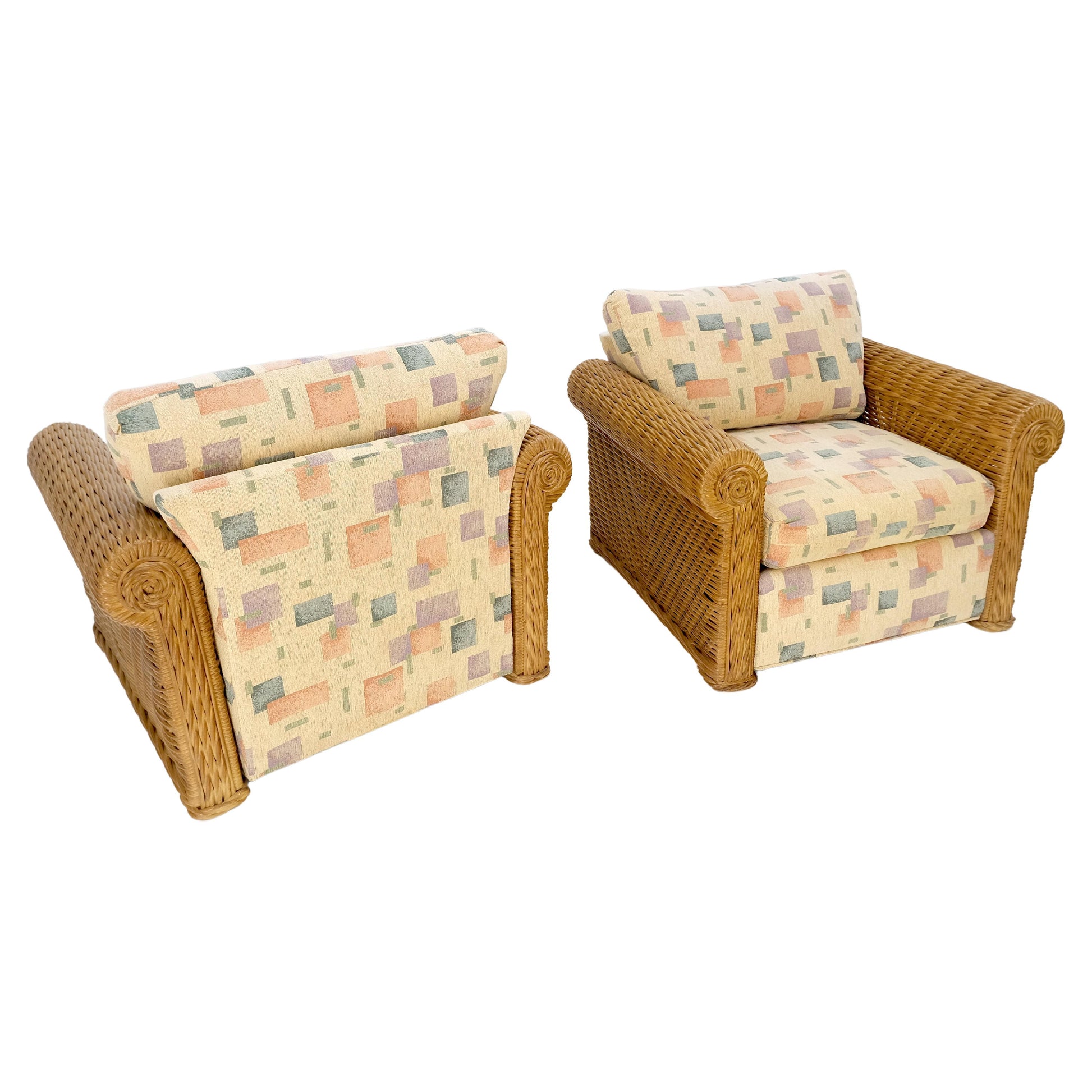 EstablishedLines Pair Decorative c1970s Oversize Rttan Bamboo Wicker Club Lounge Chairs Mint!