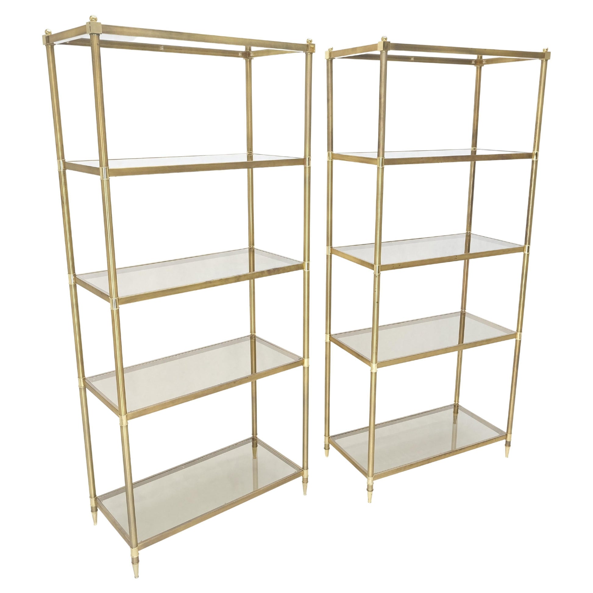EstablishedLines Pair Decorative Brass Smoked Glass 4 Tier Shelves Vitrines Etageres Displays