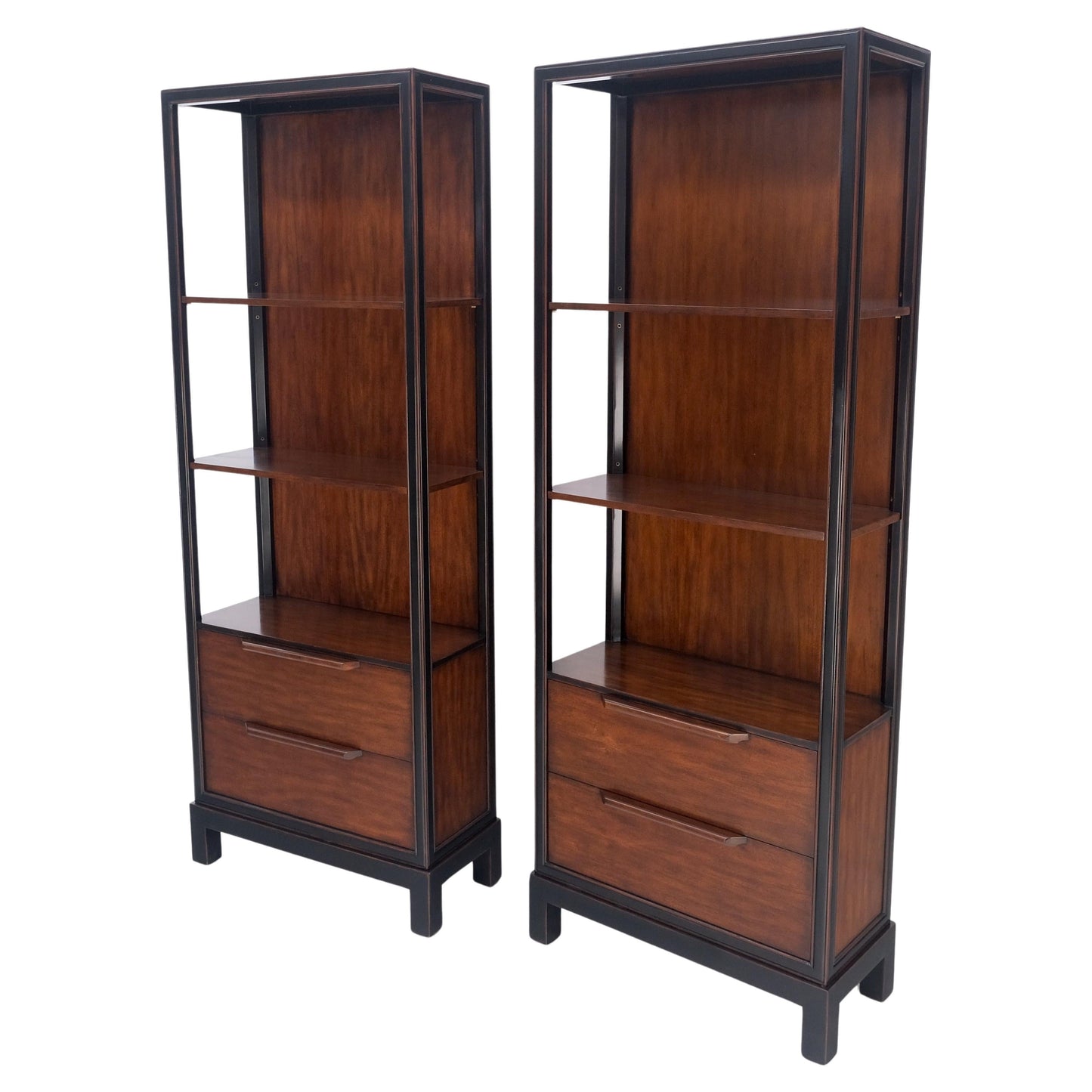 EstablishedLines Pair 7.5' Tall Custom Mahogany Etageres Adjustable Shelves Dresser Drawers MINT!
