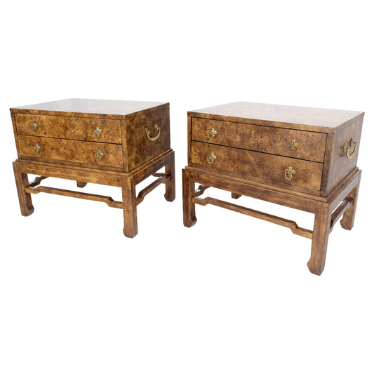 Pair of Burl Asian Campaign Fusion 2 Drawer Night Stands End Table Brass Pulls