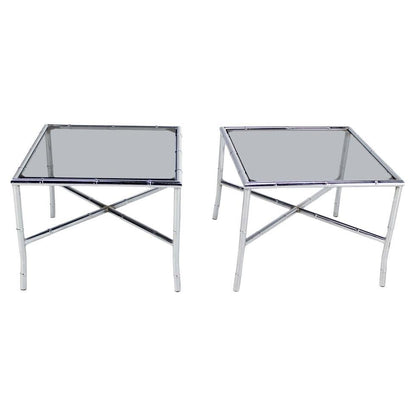 EstablishedLines Pair of Chrome Faux Bamboo X Base End Tables with Smoked Glass Tops Mid Century