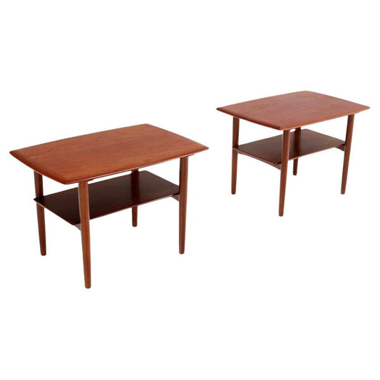 EstablishedLines Povl Dinesen Pair Danish Modern Teak End Tables Solid Tapered Dowel legs 1 Shelf