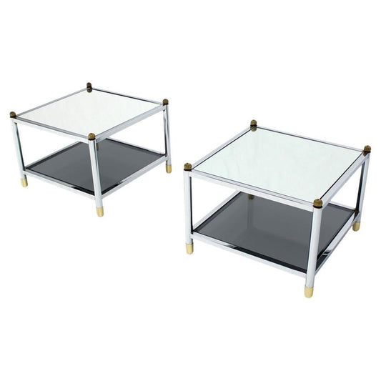 EstablishedLines Pair Square Chrome & Brass Smoked Glass Shelf Mirrored Top End Side Tables MINT!