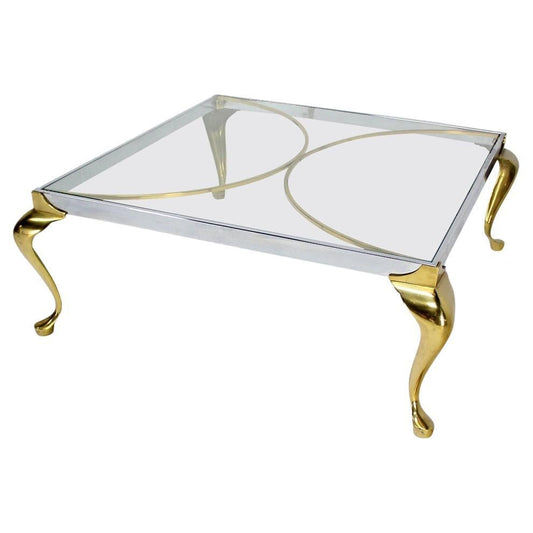 EstablishedLines Mid-Century Modern Chrome Solid Cast Brass Glass Top Square Coffee Table MINT!