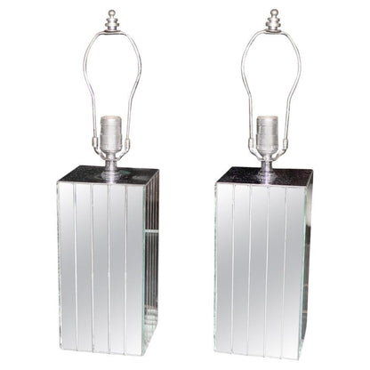 EstablishedLines Pair of Square Sky Scraper Shape Mid-Century Modern Mirrored Table Lamps MINT!