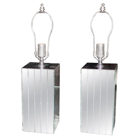 EstablishedLines Pair of Square Sky Scraper Shape Mid-Century Modern Mirrored Table Lamps MINT!