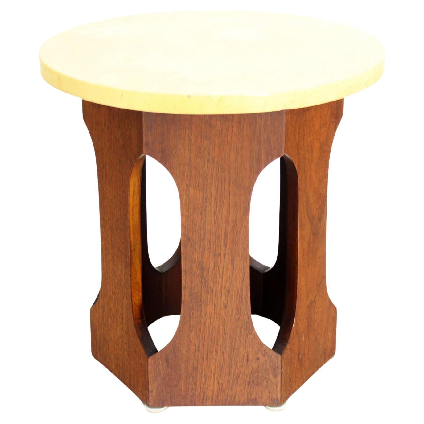 EstablishedLines Mid-Century Modern Hexagon Oiled Walnut Base Round Top Side End Table Stand