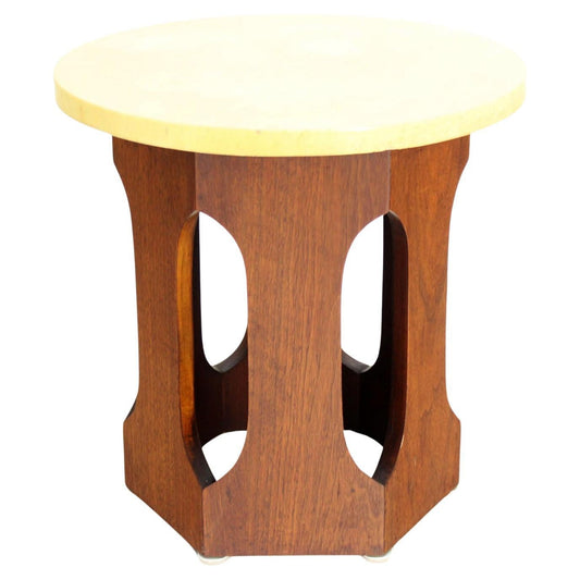 EstablishedLines Mid-Century Modern Hexagon Oiled Walnut Base Round Top Side End Table Stand