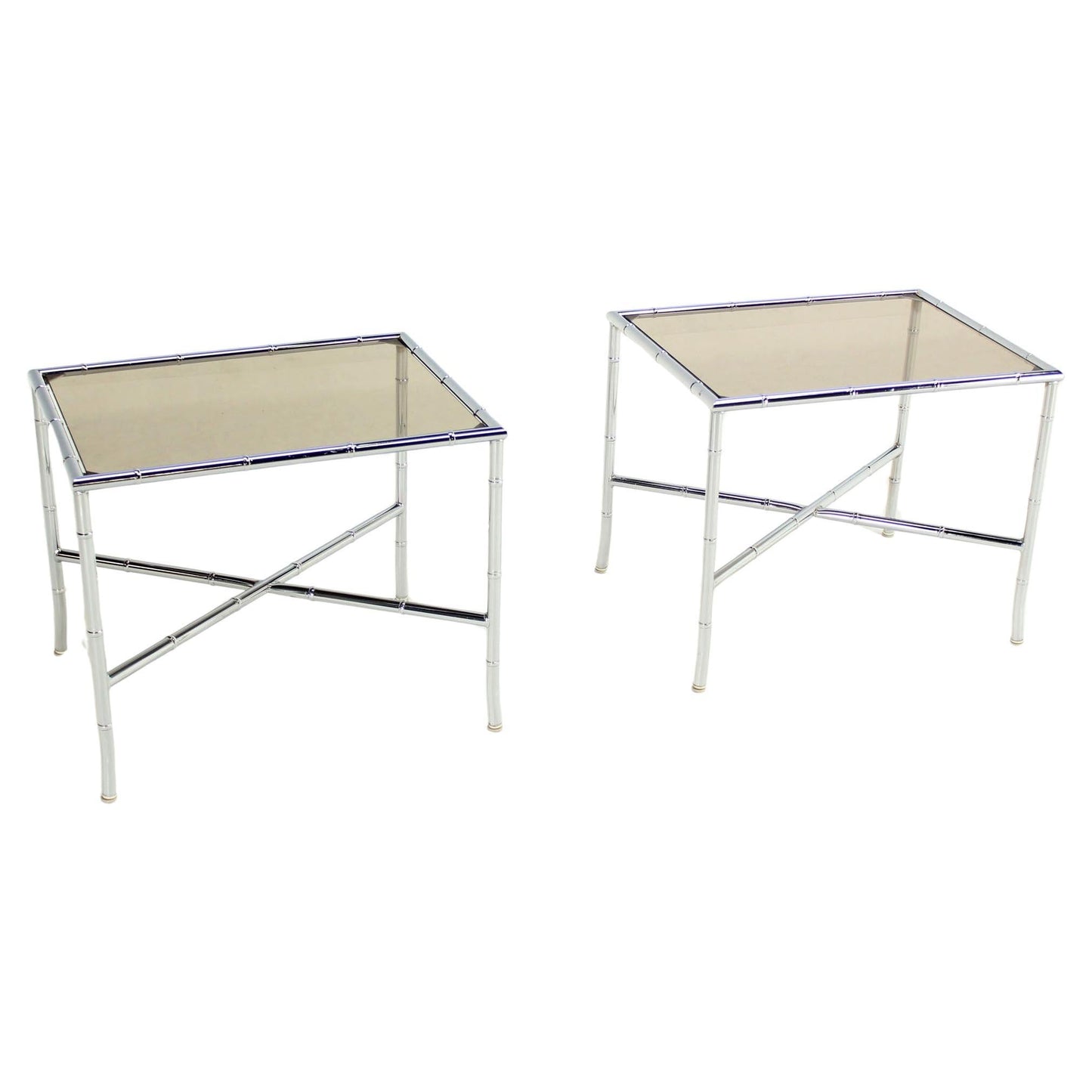 EstablishedLines Pair of Faux Bamboo X Shape Bases  Chrome and Smoked Glass End Tables MINT!