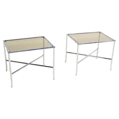 EstablishedLines Pair of Faux Bamboo X Shape Bases  Chrome and Smoked Glass End Tables MINT!