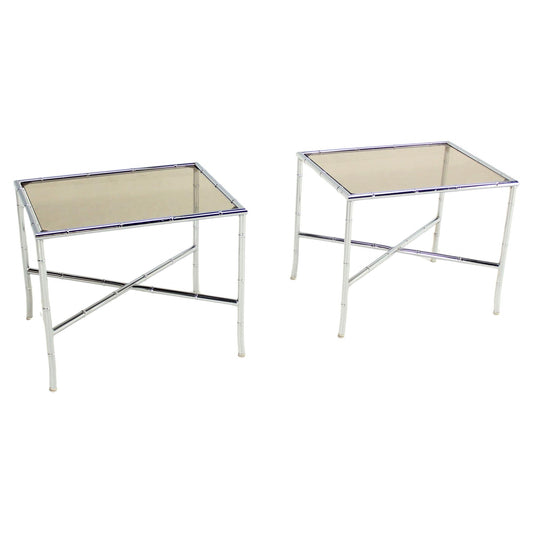 EstablishedLines Pair of Faux Bamboo X Shape Bases  Chrome and Smoked Glass End Tables MINT!