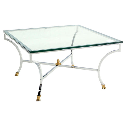 EstablishedLines Hoof Brass Feet Chrome X Shape Base 3/4" Glass Square Coffee Table Clean