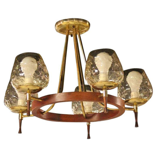 EstablishedLines Brass & Walnut Danish Modern Five-Light Champagne Glass Shades Chandelier