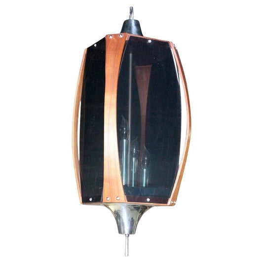 EstablishedLines Danish Mid-Century Modern Pendant Light Fixture with Teak Frame Shade MINT!