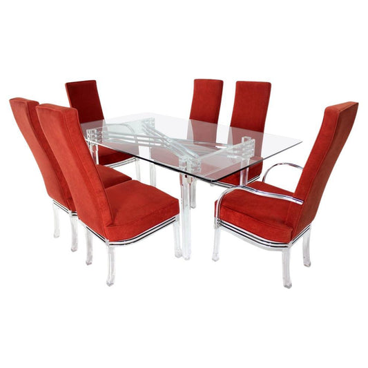 Mid Century Modern Set of Six Dining Chairs and Table in Lucite Chrome Glass