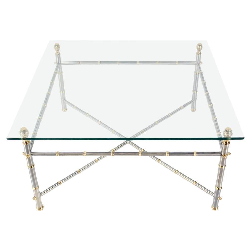EstablishedLines Very Fine Metal Faux Bamboo Chrome Brass Base Glass Top Square Coffee Table