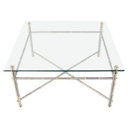 EstablishedLines Very Fine Metal Faux Bamboo Chrome Brass Base Glass Top Square Coffee Table