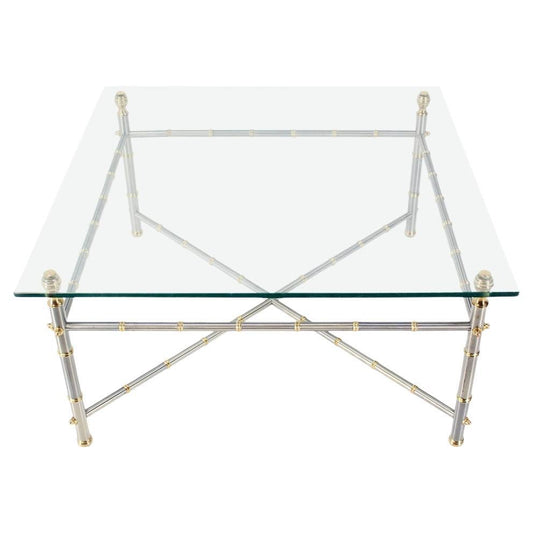 EstablishedLines Very Fine Metal Faux Bamboo Chrome Brass Base Glass Top Square Coffee Table