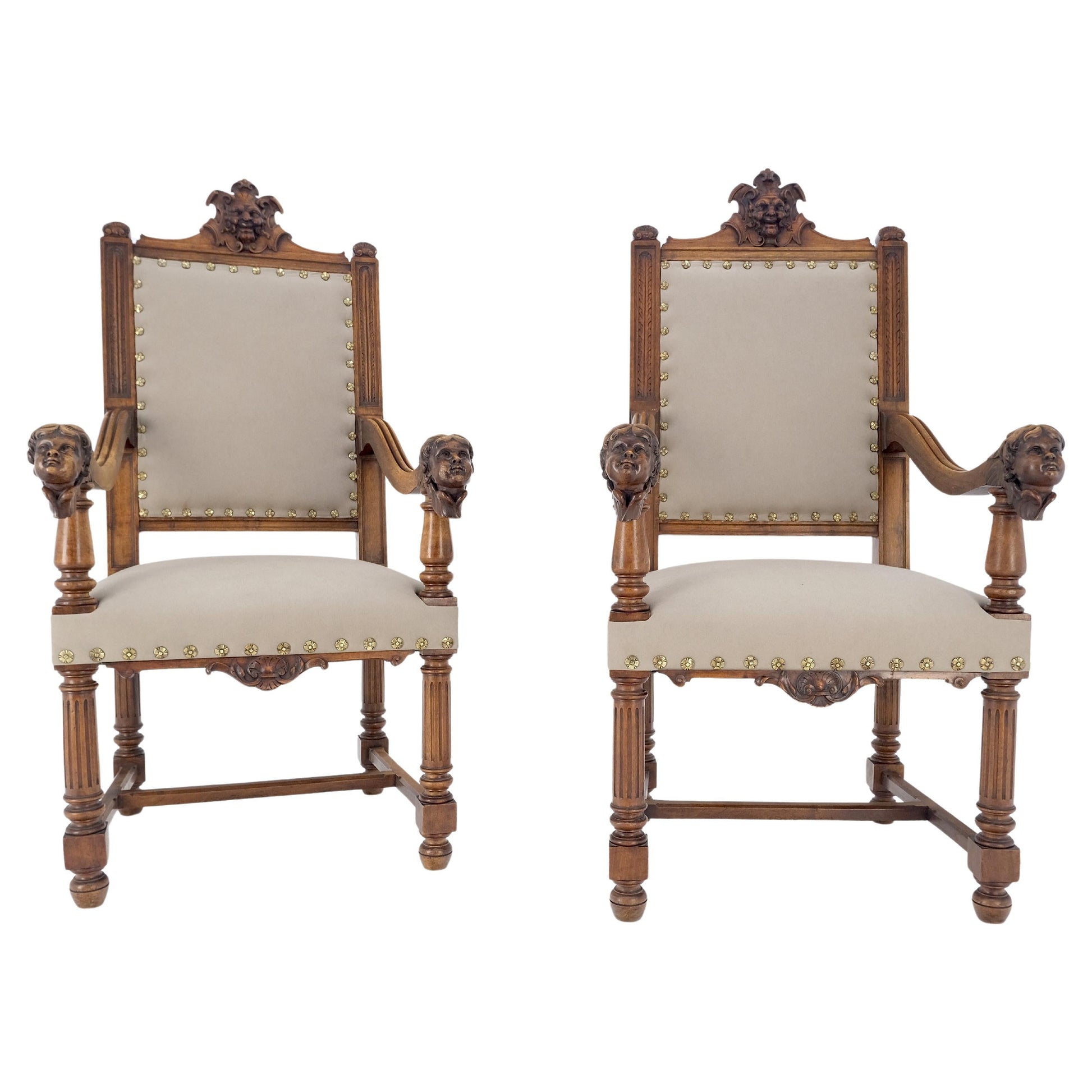EstablishedLines Pair Antique Heavily Carved Walnut Cherub North Wind Faces Arm Chairs New Uphols