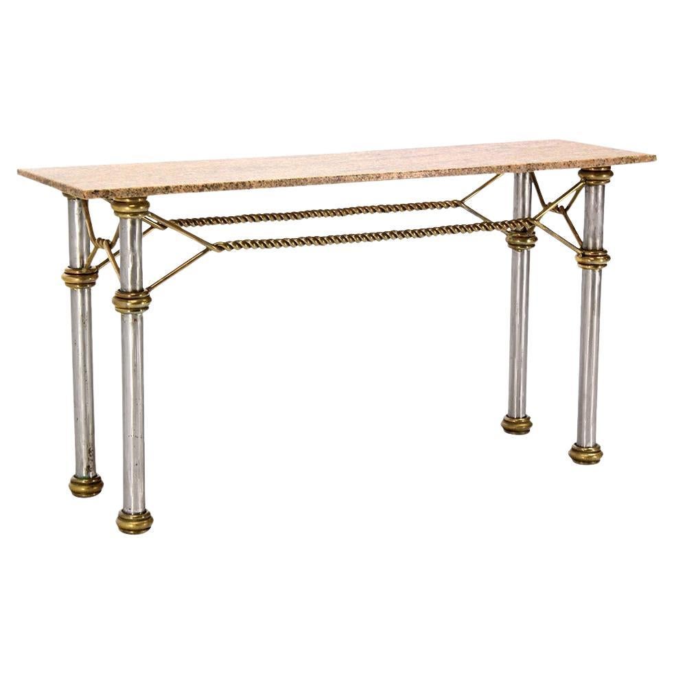 EstablishedLines Mid Century Modern Solid Brass "Rope" Chrome Base Marble Top Console Sofa Table
