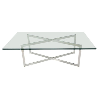 EstablishedLines Mid Century Modern Stainless Chrome X-Base Coffee Table with Glass Top