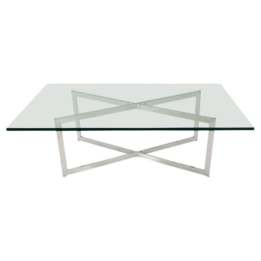 EstablishedLines Mid Century Modern Stainless Chrome X-Base Coffee Table with Glass Top