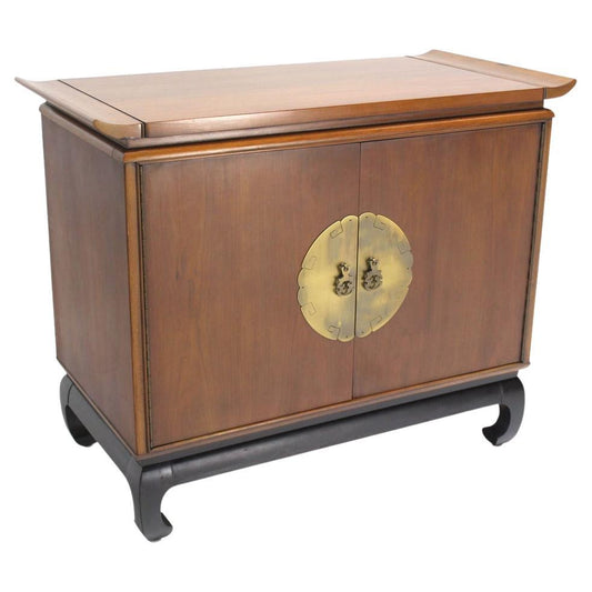 Oriental Mid Century Modern Black Lacquer Base Modern Walnut Server Cabinet MINT
