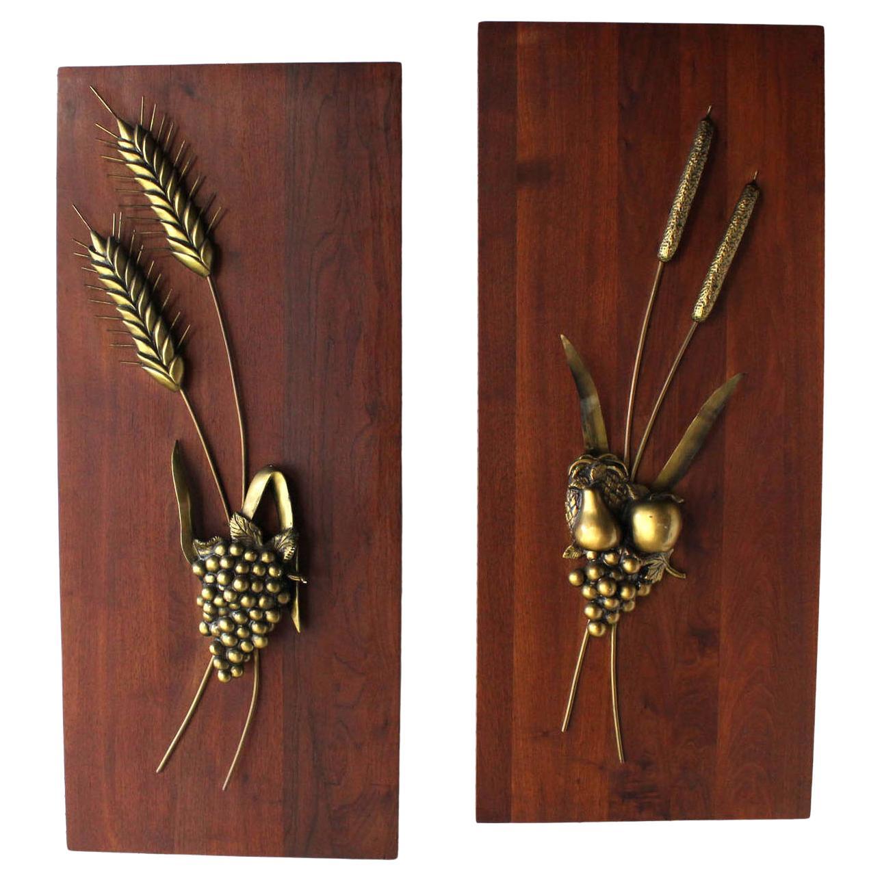 Non Matching Pair Cast Metal Sculptures of Fruits Solid Walnut Mount Board Mint!
