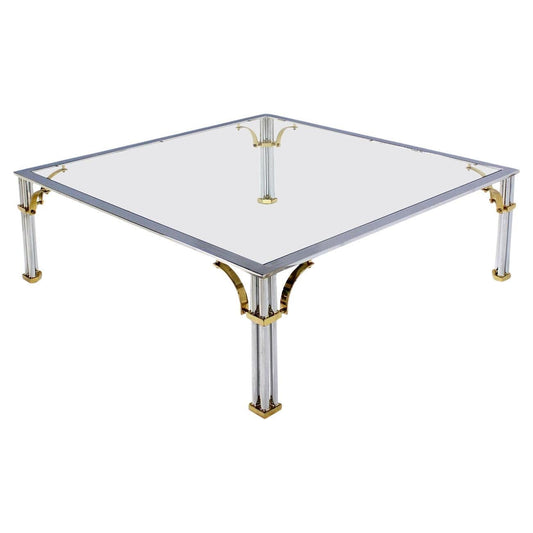 EstablishedLines Large Square Italian Mid Century Modern Brass Chrome Glass Top Coffee Table MINT
