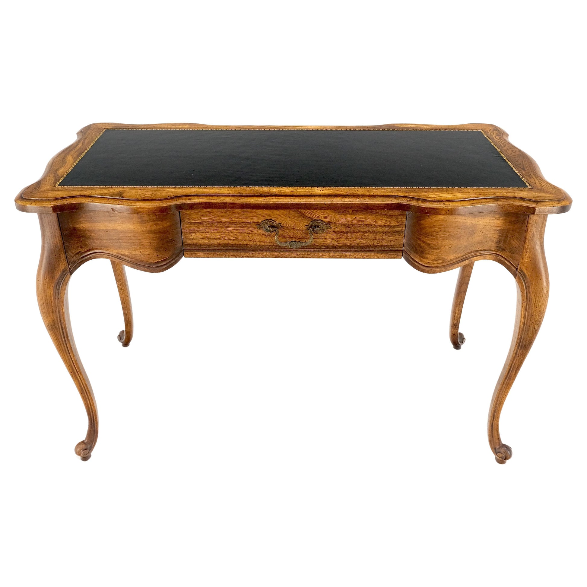 EstablishedLines Small Black Leather Top One Drawer Cabriole Carved Leg Chestnut Desk Console