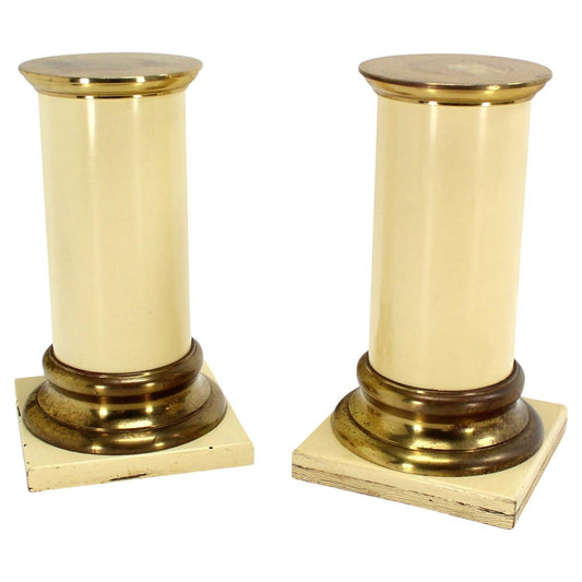 EstablishedLines Pair Brass and White Beige Lacquered Wood Round Pedestals Table Bases Stands