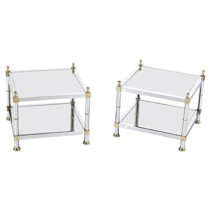 EstablishedLines Pair of Chrome Brass and Smoked Glass Square End or Side Lamp Tables Stands Mint