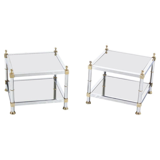 EstablishedLines Pair of Chrome Brass and Smoked Glass Square End or Side Lamp Tables Stands Mint