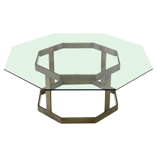 EstablishedLines Mid Century Modern Octagonal Brass Base Glass Top Round Coffee Center Table MINT